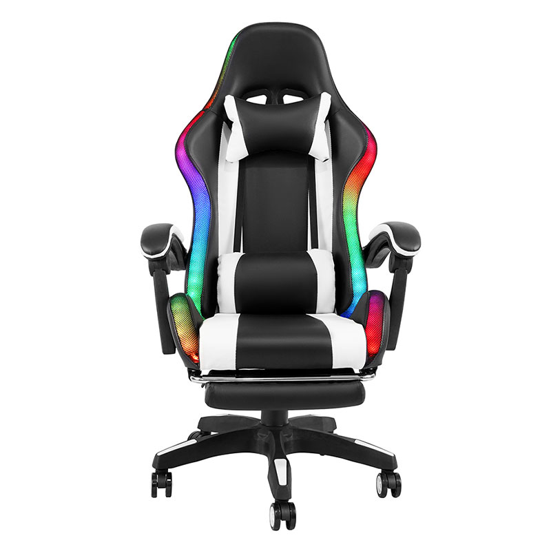 Chaise de jeu LED avec accoudoir réglable, pivotant et inclinable, professionnel, blanc, avec repose-pieds (Y-2442)