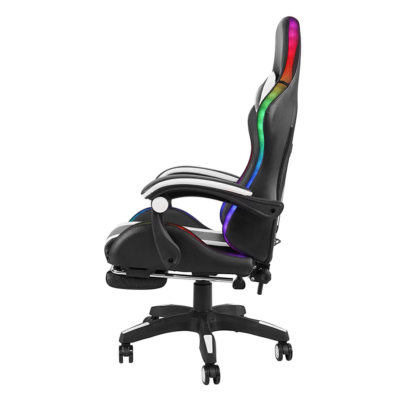 Chaise de jeu LED avec accoudoir réglable, pivotant et inclinable, professionnel, blanc, avec repose-pieds (Y-2442)