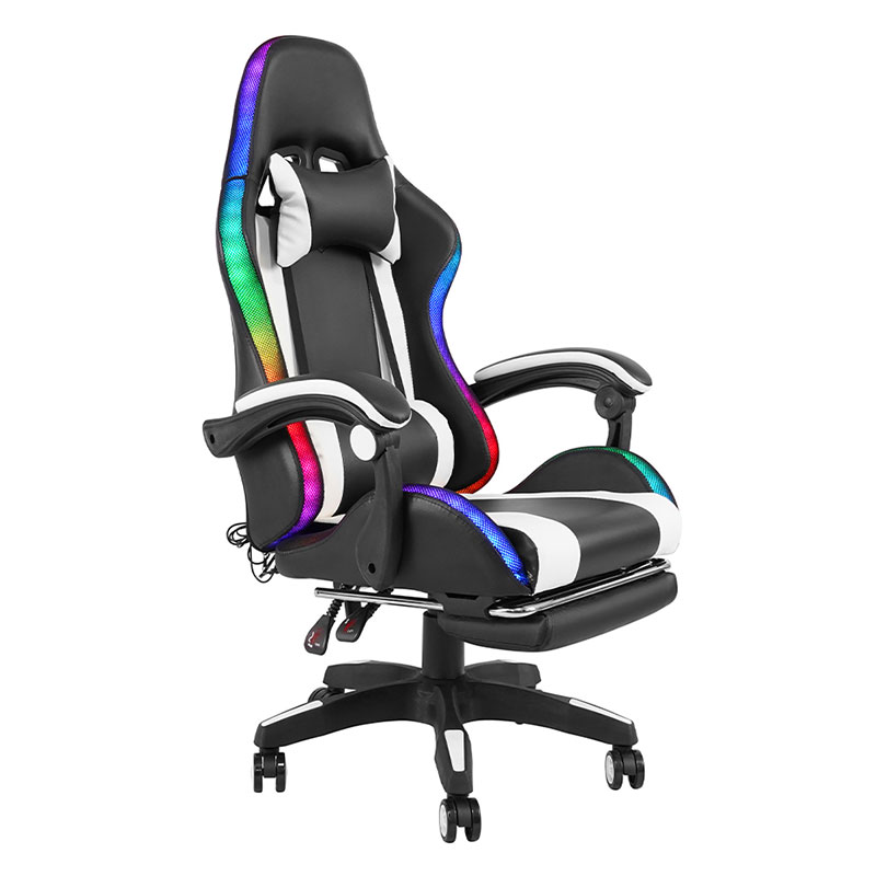 Chaise de jeu LED avec accoudoir réglable, pivotant et inclinable, professionnel, blanc, avec repose-pieds (Y-2442)
