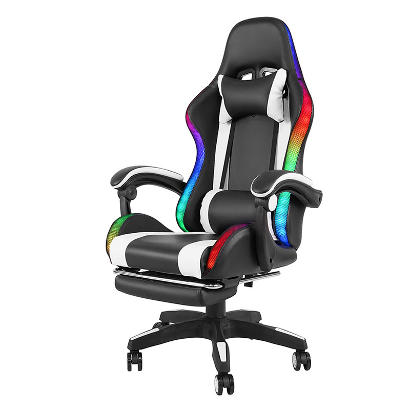 Chaise de jeu LED avec accoudoir réglable, pivotant et inclinable, professionnel, blanc, avec repose-pieds (Y-2442)