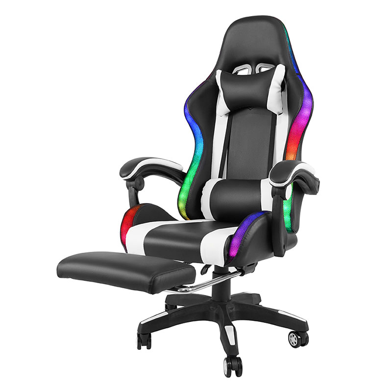 Chaise de jeu LED avec accoudoir réglable, pivotant et inclinable, professionnel, blanc, avec repose-pieds (Y-2442)